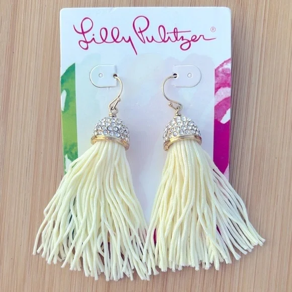 Brand New Lilly Pulitzer Resort White Tassel Earrings Gold Tone Rhinestone Drop - Picture 3 of 12